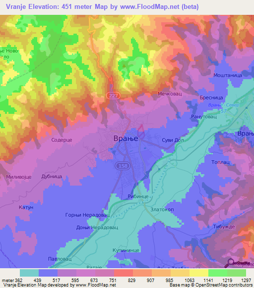 Vranje,Serbia Elevation Map