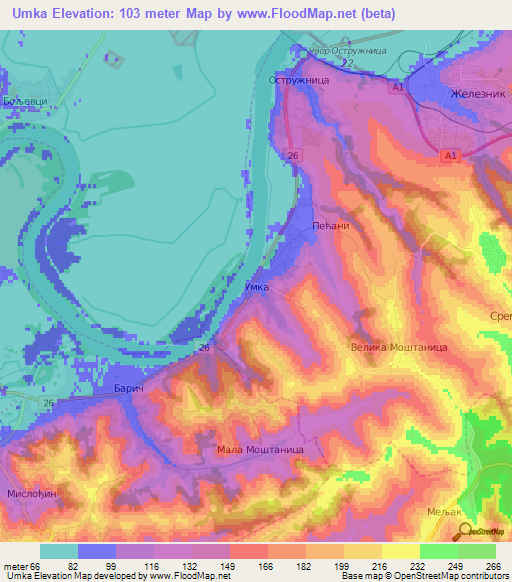 Umka,Serbia Elevation Map