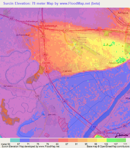 Surcin,Serbia Elevation Map