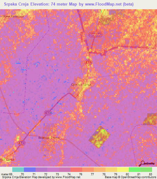 Srpska Crnja,Serbia Elevation Map