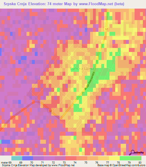 Srpska Crnja,Serbia Elevation Map