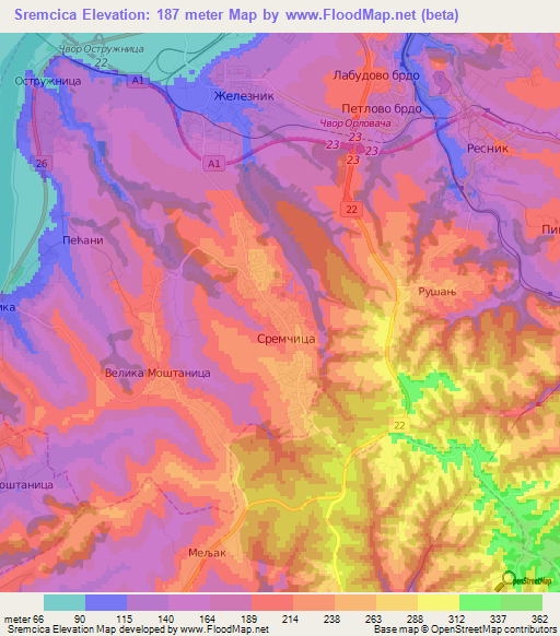 Sremcica,Serbia Elevation Map