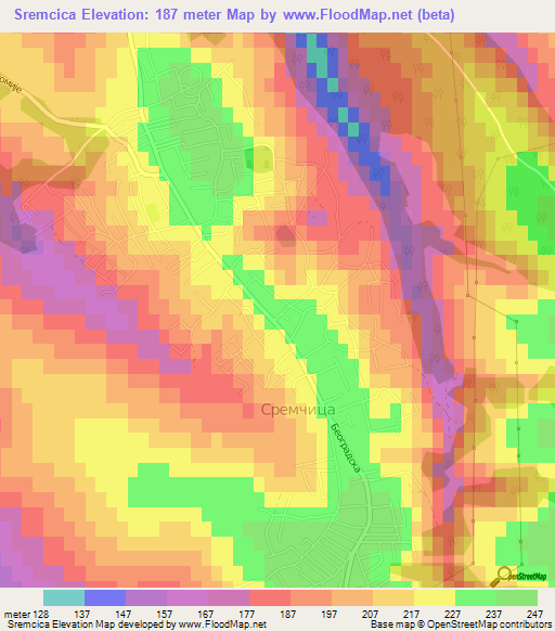 Sremcica,Serbia Elevation Map