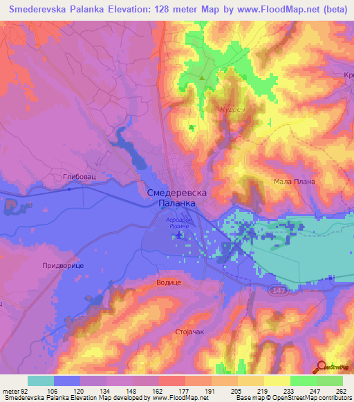 Smederevska Palanka,Serbia Elevation Map