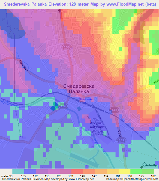 Smederevska Palanka,Serbia Elevation Map