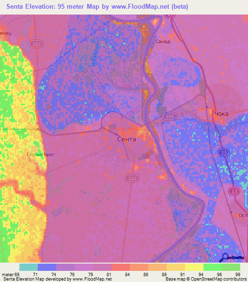 Senta,Serbia Elevation Map