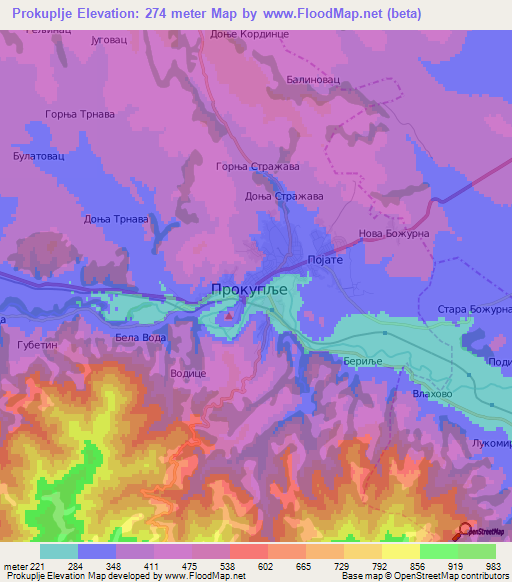 Prokuplje,Serbia Elevation Map