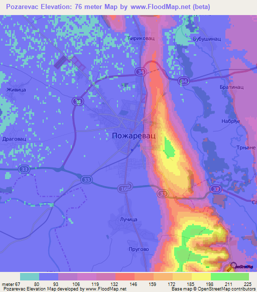 Pozarevac,Serbia Elevation Map