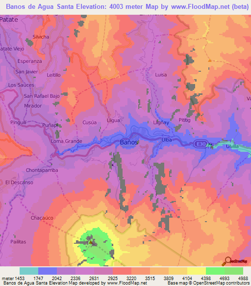 Banos de Agua Santa,Ecuador Elevation Map