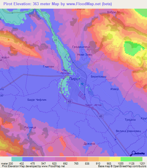 Pirot,Serbia Elevation Map