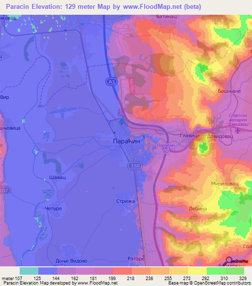 Paracin,Serbia Elevation Map