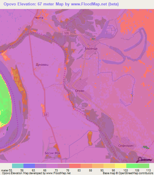 Opovo,Serbia Elevation Map