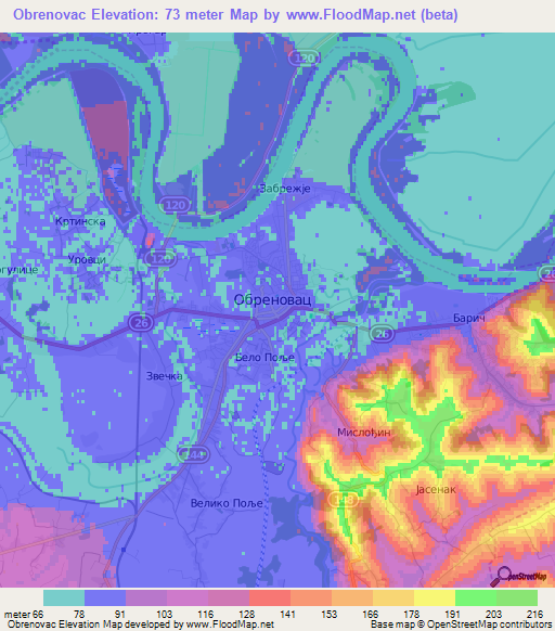 Obrenovac,Serbia Elevation Map