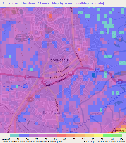 Obrenovac,Serbia Elevation Map