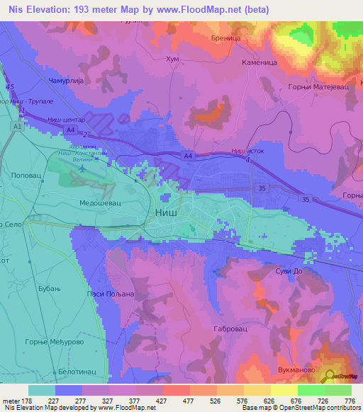 Nis,Serbia Elevation Map