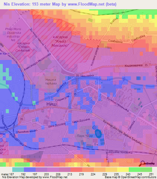 Nis,Serbia Elevation Map