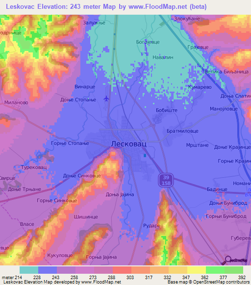 Leskovac,Serbia Elevation Map