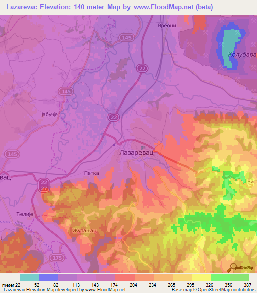 Lazarevac,Serbia Elevation Map