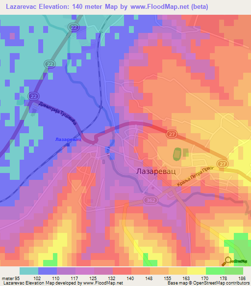 Lazarevac,Serbia Elevation Map