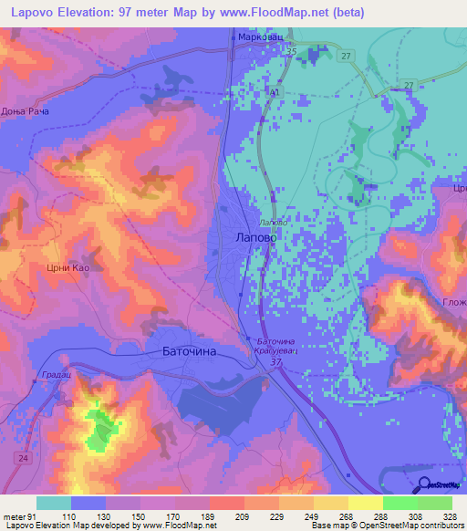 Lapovo,Serbia Elevation Map