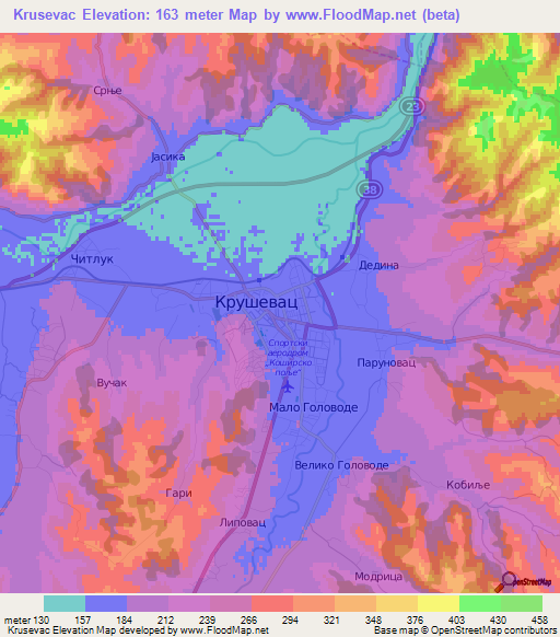 Krusevac,Serbia Elevation Map