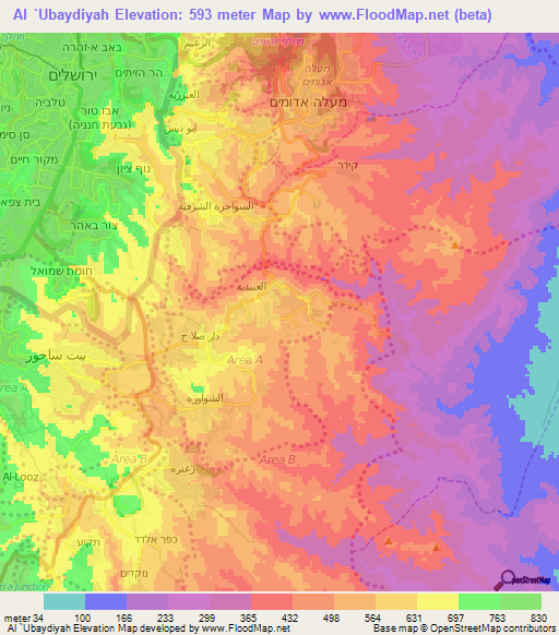Al `Ubaydiyah,Palestinian Territory Elevation Map