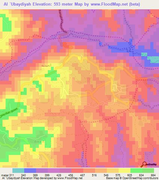 Al `Ubaydiyah,Palestinian Territory Elevation Map