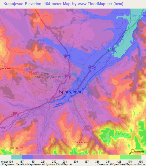 Kragujevac,Serbia Elevation Map