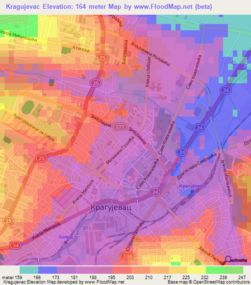 Kragujevac,Serbia Elevation Map