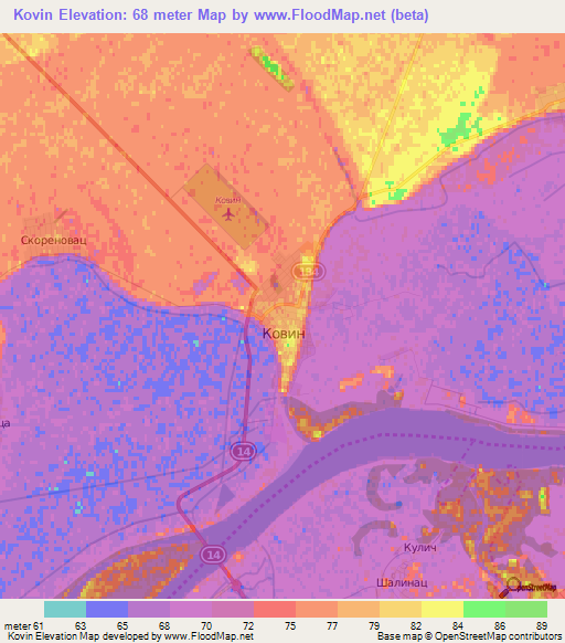 Kovin,Serbia Elevation Map