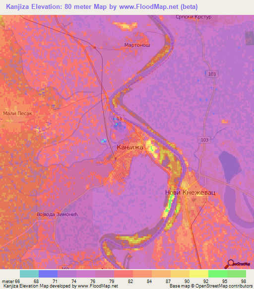 Kanjiza,Serbia Elevation Map