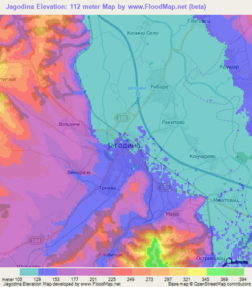 Jagodina,Serbia Elevation Map