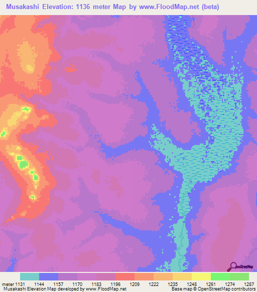 Musakashi,Zambia Elevation Map