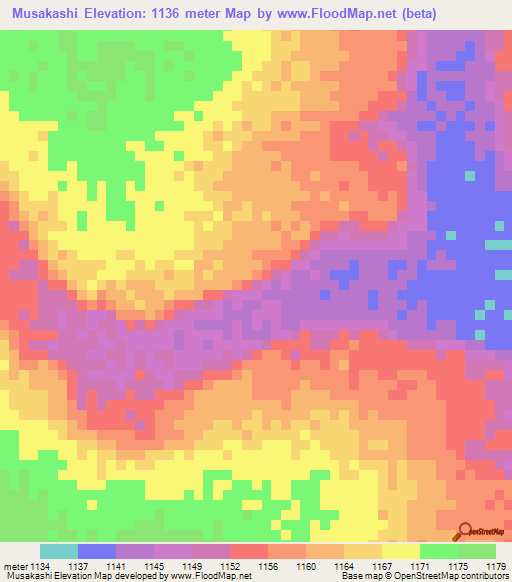 Musakashi,Zambia Elevation Map