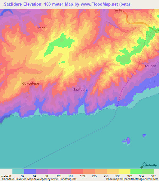 Sazlidere,Turkey Elevation Map