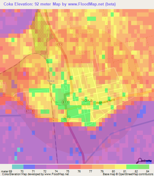 Coka,Serbia Elevation Map