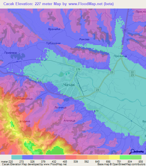 Cacak,Serbia Elevation Map