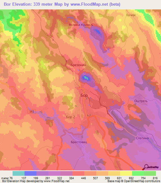 Bor,Serbia Elevation Map