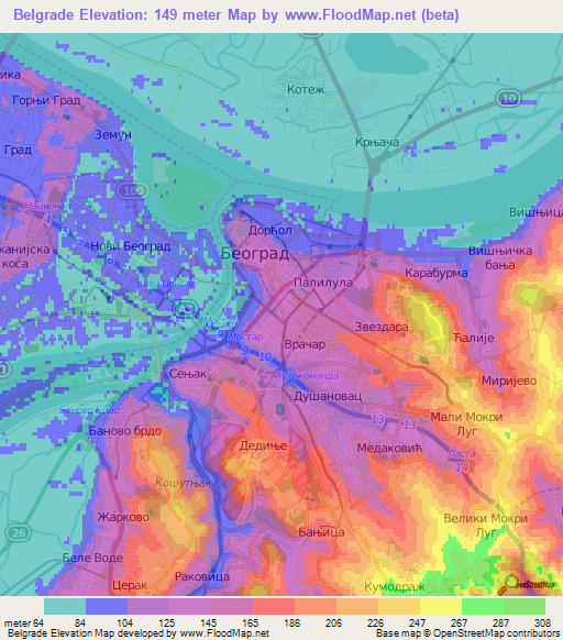 Belgrade,Serbia Elevation Map