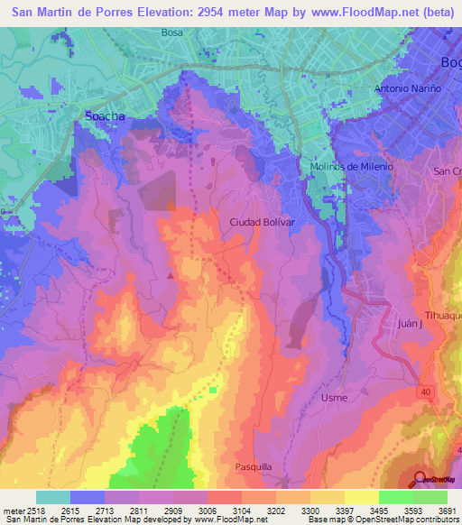 San Martin de Porres,Colombia Elevation Map