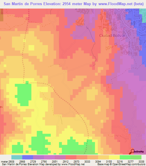 San Martin de Porres,Colombia Elevation Map