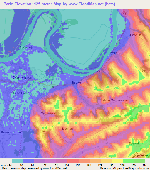 Baric,Serbia Elevation Map