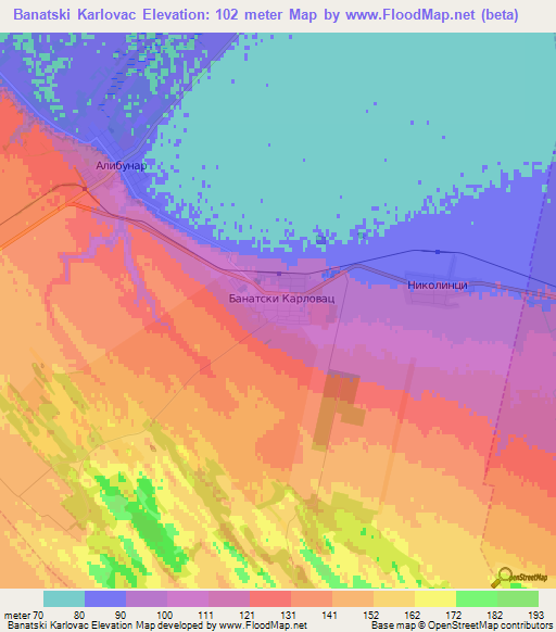 Banatski Karlovac,Serbia Elevation Map