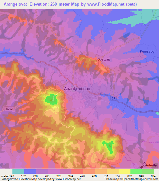 Arangelovac,Serbia Elevation Map