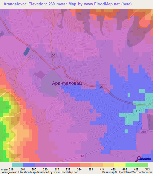 Arangelovac,Serbia Elevation Map