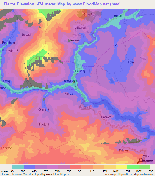 Fierze,Albania Elevation Map