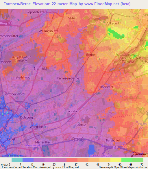 Farmsen-Berne,Germany Elevation Map