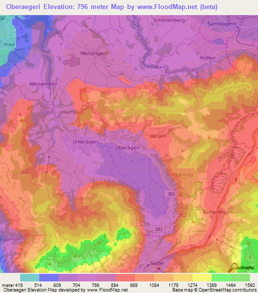 Oberaegeri,Switzerland Elevation Map