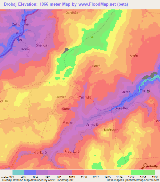 Drobaj,Albania Elevation Map