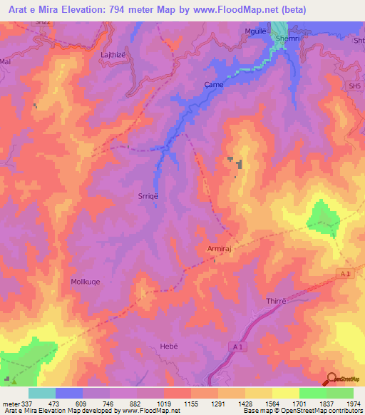 Arat e Mira,Albania Elevation Map